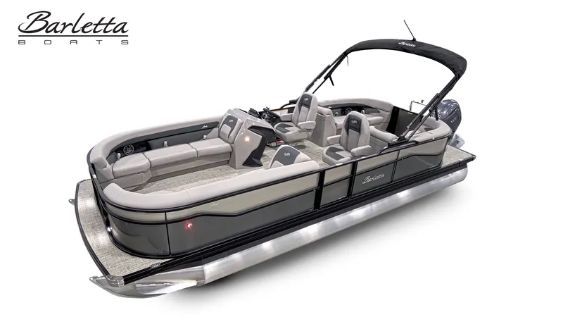 Slide: The Image of 2026 Barletta A24QC pontoon boat with luxurious design and seating arrangement. - 2