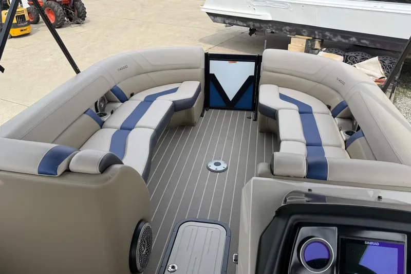 Slide: The Image of Luxurious interior of 2022 Viaggio Diamante S 26 pontoon boat with plush seating. - 15