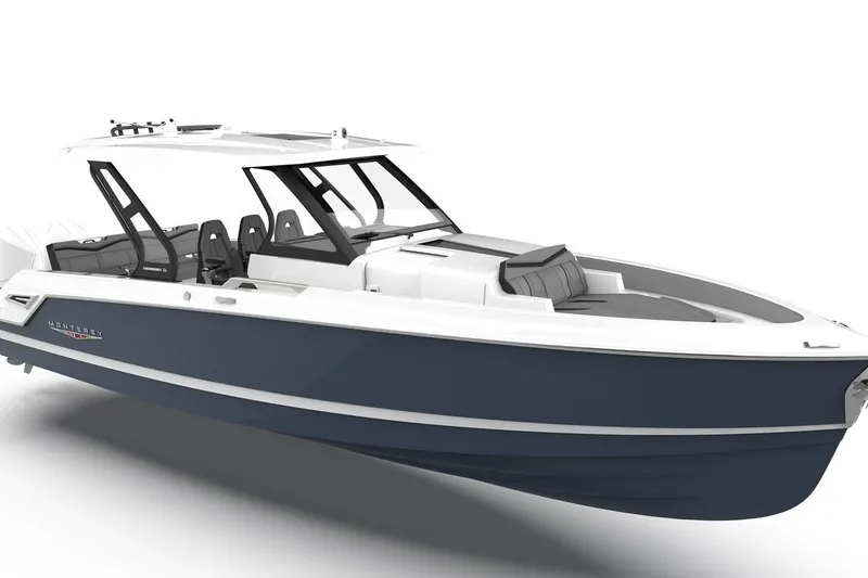 The Image of 2027 Monterey Elite 34 OB boat, sleek design, blue and white exterior, spacious seating. - 1