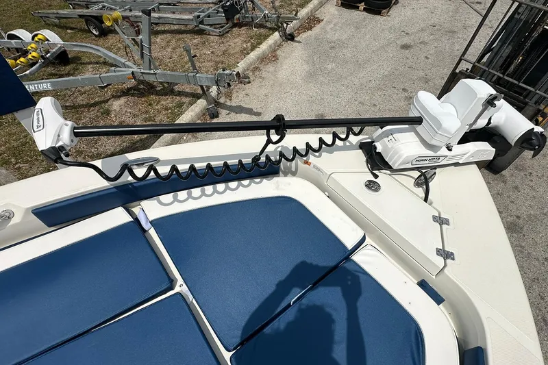 Slide: The Image of 2026 Ranger 2660 Bay boat with Minn Kota trolling motor on deck. - 3
