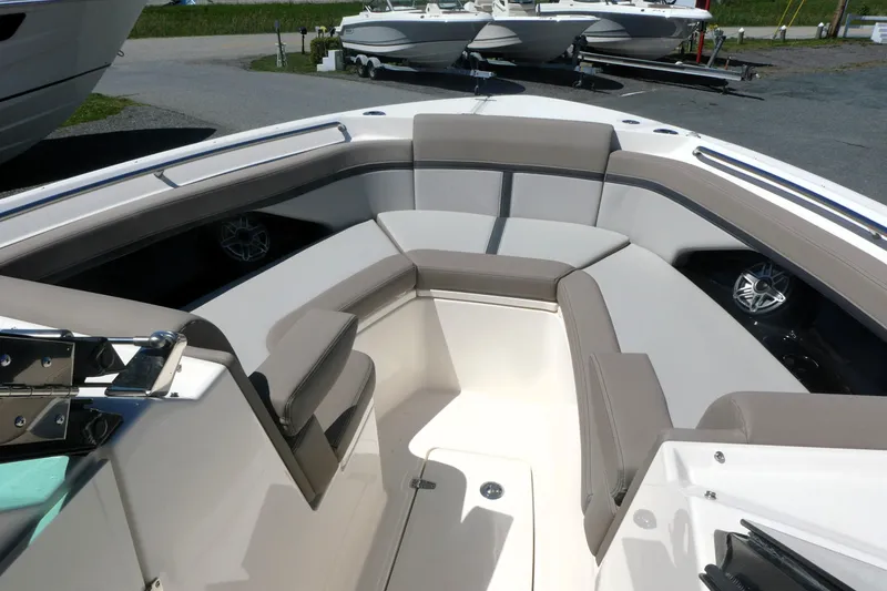 Slide: The Image of 2026 Boston Whaler 330 Vantage boat interior with spacious seating and modern design. - 13