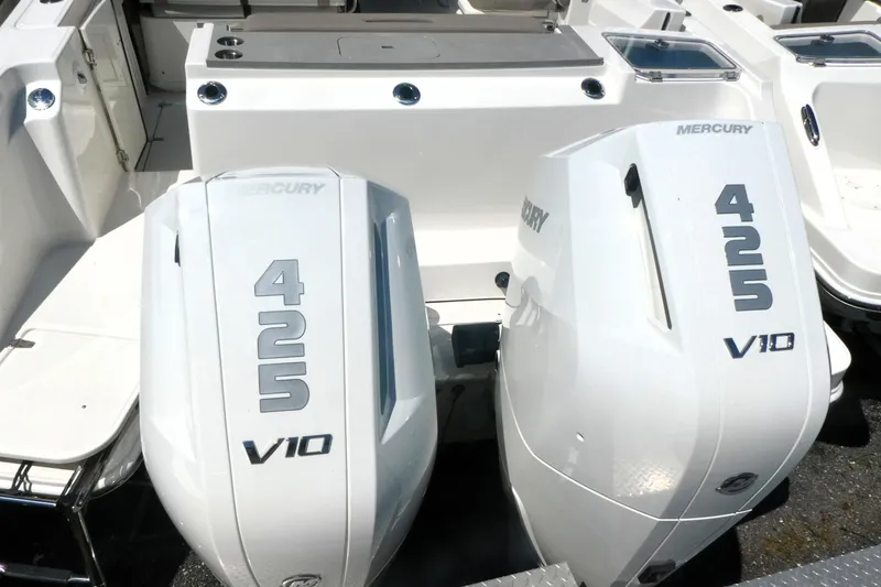 Slide: The Image of Twin Mercury 425 V10 engines on a 2026 Boston Whaler 330 Vantage boat. - 3