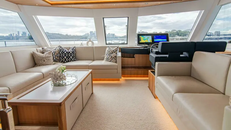 Slide: The Image of Luxurious interior of 2026 ILIAD 53F yacht with plush seating and navigation equipment. - 30