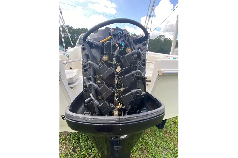 Slide: The Image of Outboard motor of a 2001 Aquasport 215 Osprey Sport boat, detailed view. - 16