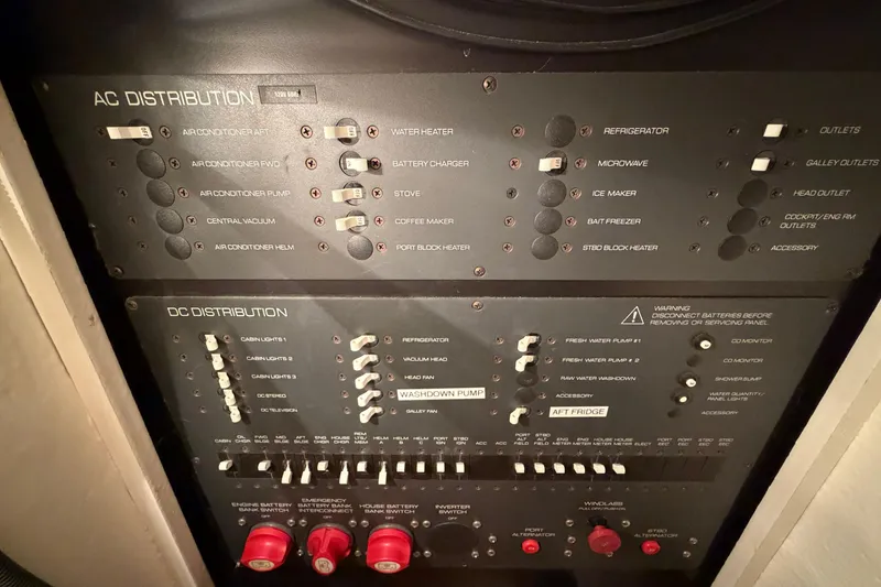 Slide: The Image of Electrical control panel on a 2004 Tiara Yachts 3200 Open, featuring AC and DC distribution. - 22