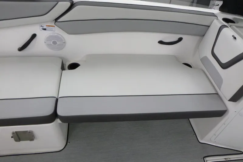 Slide: The Image of Interior seating of 2026 Yamaha Boats AR220, featuring gray and white cushioned design. - 14