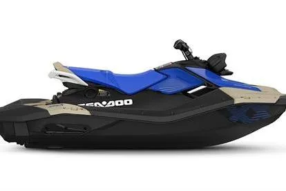 The Image of 2025 Sea-Doo Spark Trixx for 3, blue and black jet ski, side view. - 1