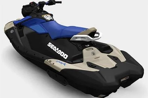 Slide: The Image of 2025 Sea-Doo Spark Trixx for 3, blue and black design, rear view. - 5