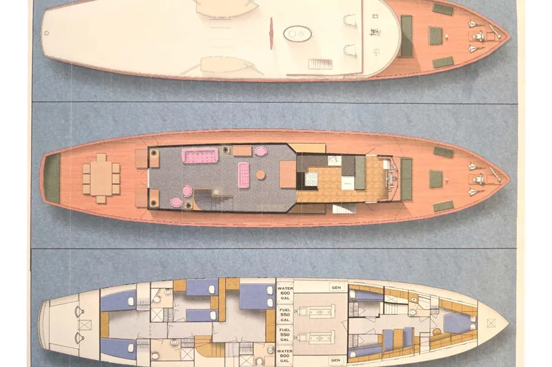 Slide: The Image of Blueprint of a 1939 Mathis Trumpy Fantail Houseboat, showcasing detailed deck layouts. - 46