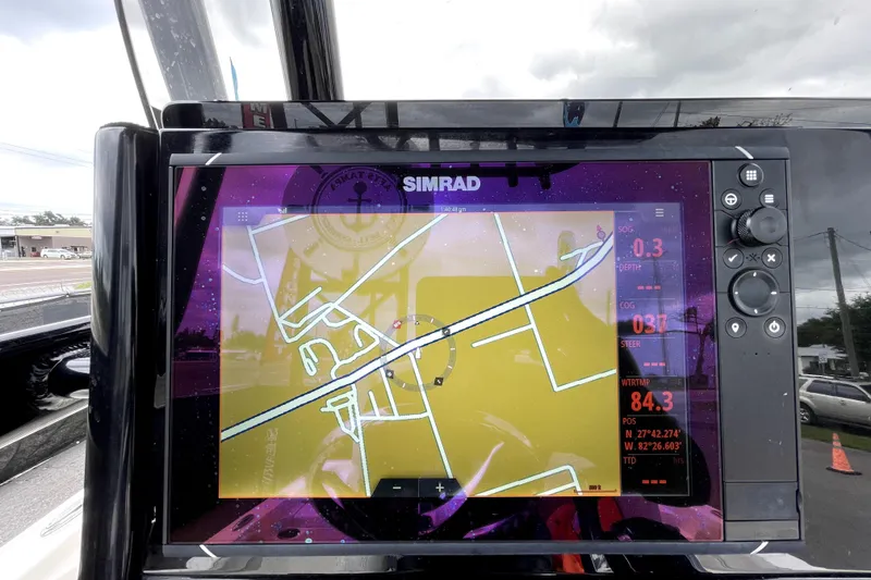 Slide: The Image of Simrad navigation display on 2019 ShearWater 25 LTZ boat, showing map and data. - 21