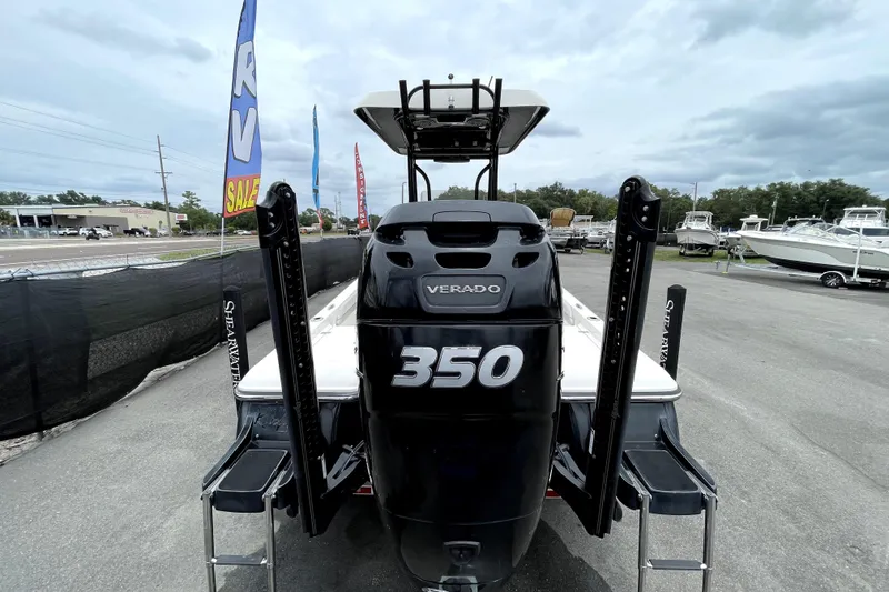 Slide: The Image of 2019 ShearWater 25 LTZ boat with Verado 350 engine displayed at a sale event. - 3