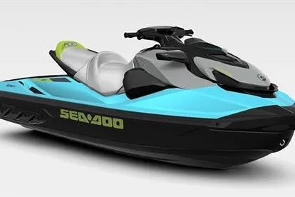 Slide: The Image of 2025 Sea-Doo GTI SE 130 jet ski in blue and black design. - 2