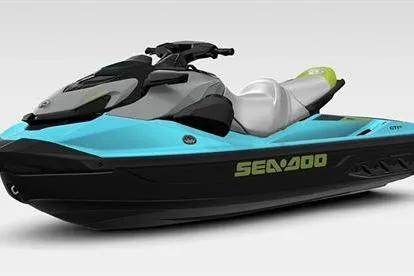 Slide: The Image of 2025 Sea-Doo GTI SE 130 jet ski in blue and black, side view. - 3