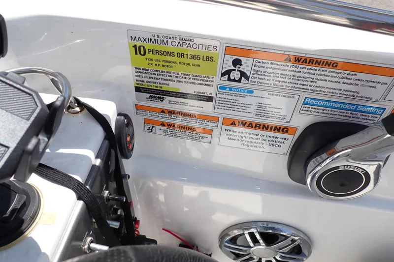 Slide: The Image of Control panel of 2021 Hurricane SunDeck Sport 185 OB with safety warnings and capacity details. - 48