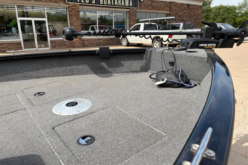 Slide: The Image of 2020 Tracker Pro Deep V-16 boat deck with Minn Kota trolling motor. - 23