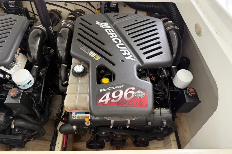Slide: The Image of Engine compartment of a 2001 Baja 33 Outlaw with MerCruiser 496 MAG HO engine. - 25