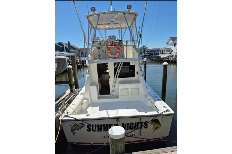 Slide: The Image of 2003 Henriques 35 Sportfisherman docked, featuring spacious deck and fishing gear. - 5