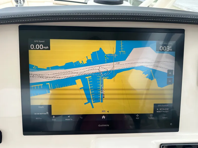 Slide: The Image of Garmin navigation system on Grady-White Freedom 285 boat, 2026 model. - 16
