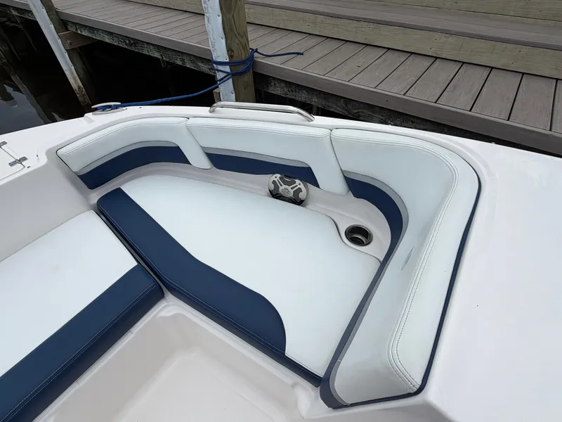 Slide: The Image of Chaparral 191 boat seating with blue and white upholstery, 2018 model. - 21