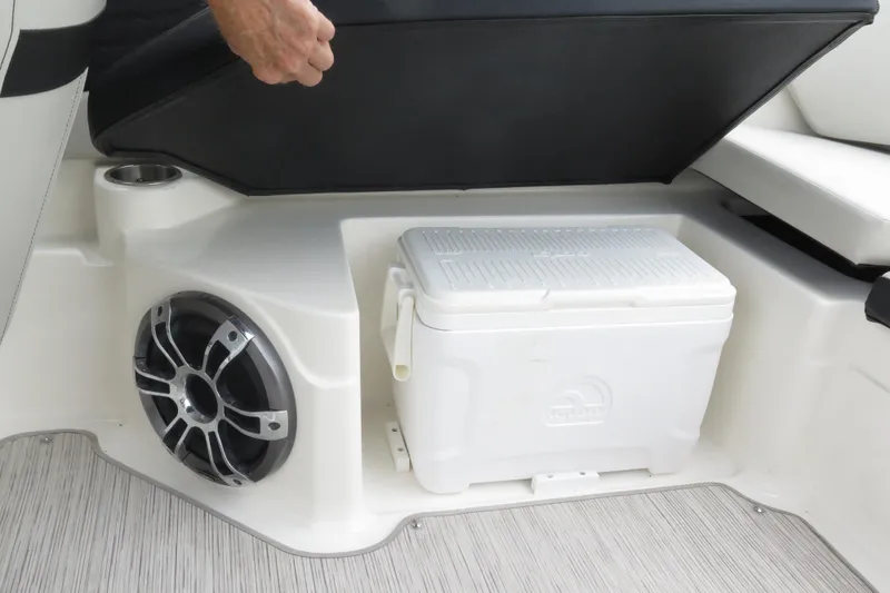 Slide: The Image of 2023 Sea Ray SPX 210 Outboard boat interior with storage compartment and cooler. - 9