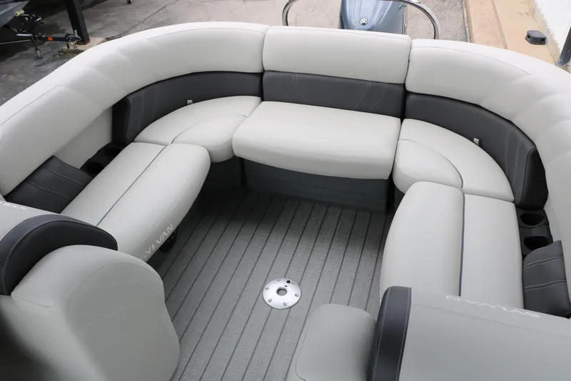 Slide: The Image of Luxurious seating area on 2026 Sylvan Mirage 822 LZ pontoon boat, featuring plush gray upholstery. - 30