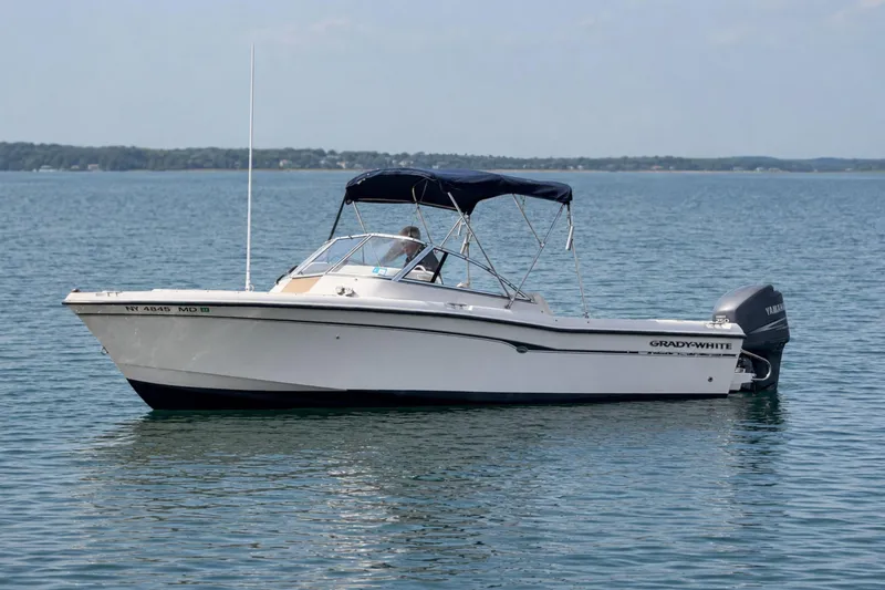 Slide: The Image of 2006 Grady-White Freedom 225 boat on calm water with canopy and outboard motor. - 4