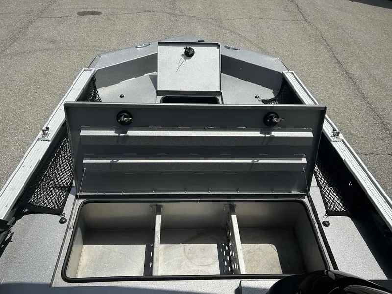 Slide: The Image of Lowe Outlet 20 boat 2025 with open storage compartment lid. - 9