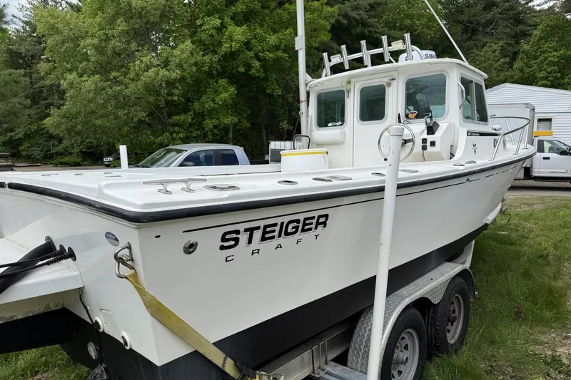 Slide: The Image of 2016 Steiger Craft 25 Chesapeake boat on trailer, surrounded by greenery. - 4