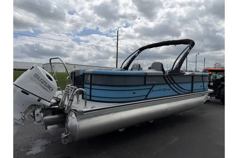 Slide: The Image of 2026 South Bay 224 RS 3.0 Hybrid Arch pontoon boat with Suzuki outboard motor. - 5