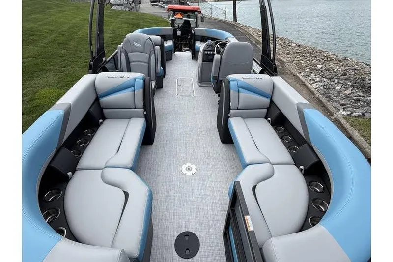 Slide: The Image of 2026 South Bay 224 RS 3.0 Hybrid Arch pontoon boat with spacious seating and modern design. - 6
