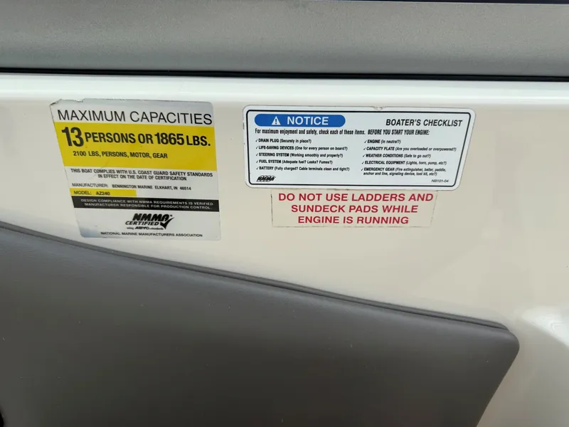 Slide: The Image of Safety labels on Azure AZ240 boat, maximum capacity 13 persons. - 16