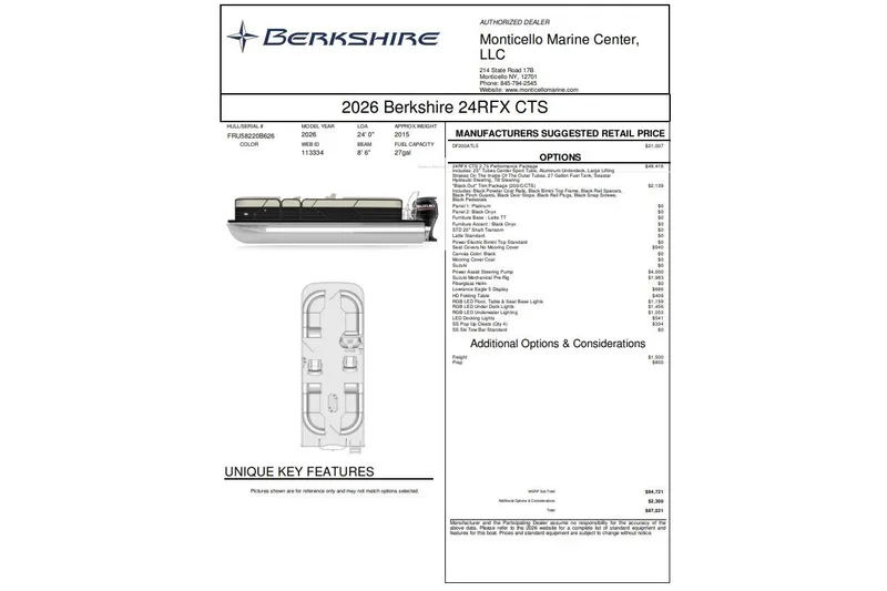 Slide: The Image of 2026 Berkshire 24 RFX CTS boat specifications and pricing details from Monticello Marine Center. - 17