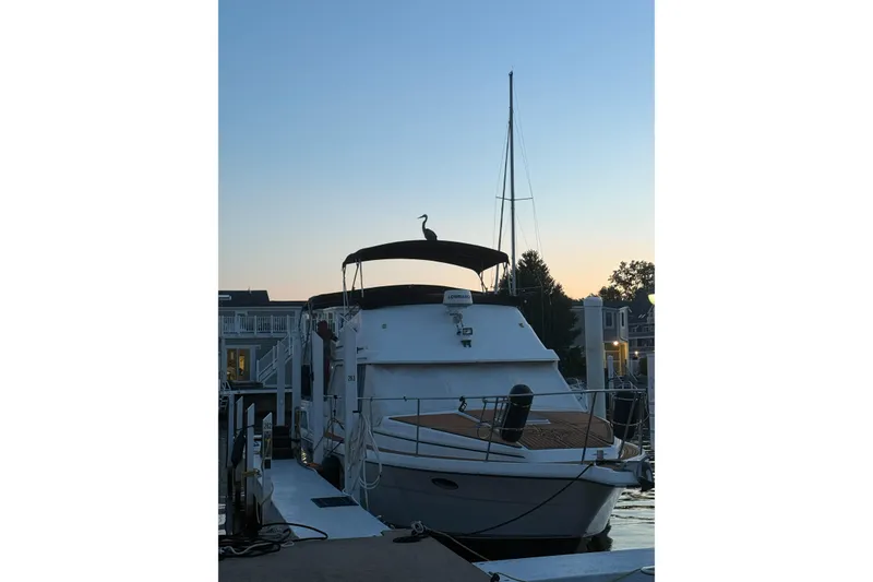 The Image of 1990 Prowler Aft Cabin boat docked at sunset with a bird perched on top. - 1