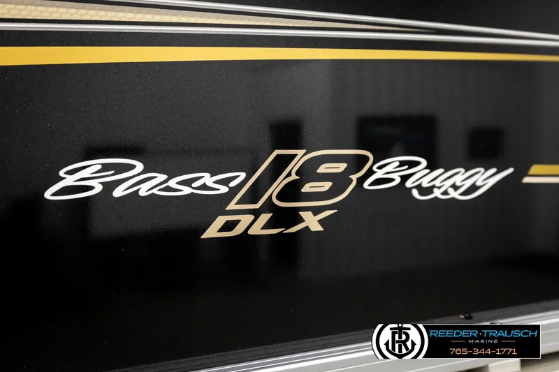 Slide: The Image of 2022 SUNTRACKER BASS BUGGY 18 DLX logo on black background with dealership branding. - 55