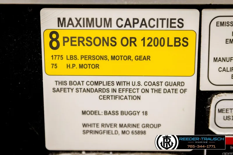 Slide: The Image of 2022 SUNTRACKER BASS BUGGY 18 DLX capacity label, 8 persons or 1200 lbs, 75 HP motor. - 58