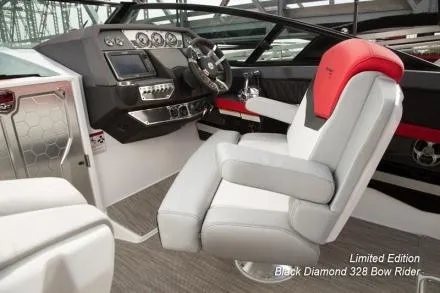 Slide: The Image of Manufacturer Provided Image: 2015 Cruisers Sport Series 328 Bow Rider cockpit with modern controls and luxurious seating. - 21