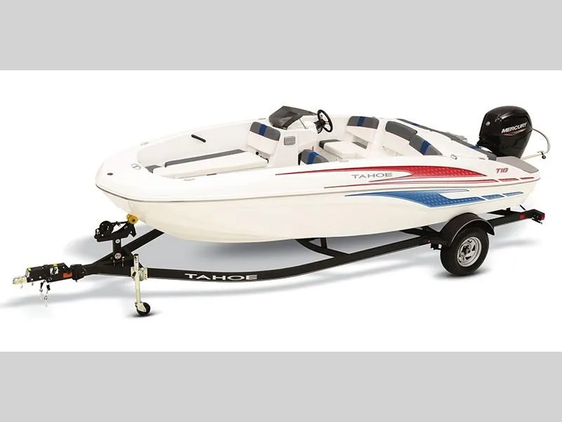 Slide: The Image of 2026 T-Yachts 18 boat on trailer, white with blue and red accents. - 24