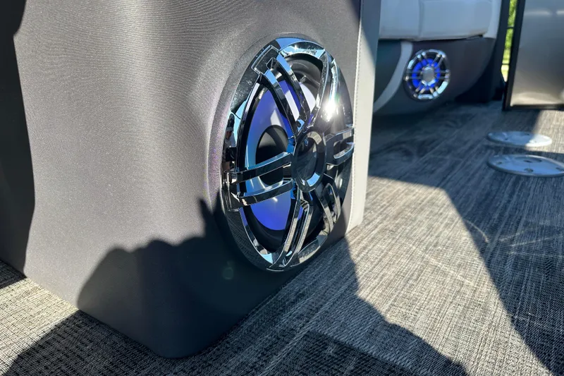 Slide: The Image of Speaker detail on 2025 Godfrey AquaPatio 255 SB pontoon boat, featuring sleek design. - 12