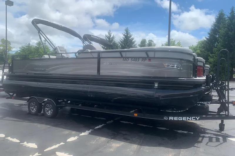 The Image of 2025 Regency 250 DL3 pontoon boat on trailer under cloudy sky. - 0