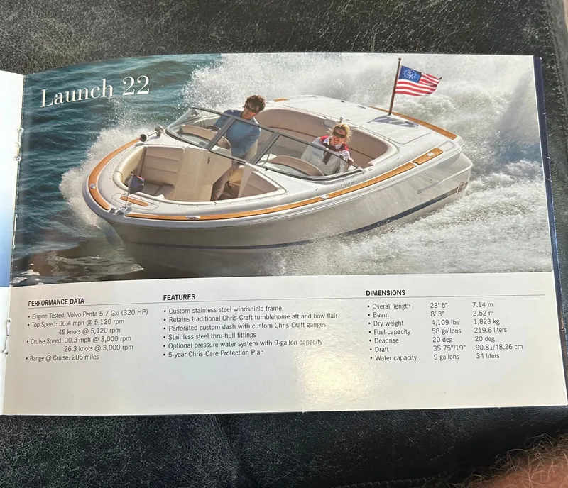 Slide: The Image of 2007 Chris-Craft Launch 22 boat on water with performance details. - 7
