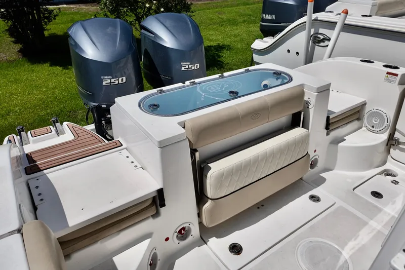 Slide: The Image of 2017 Sea Fox 288 Commander boat interior with Yamaha 250 engines, featuring seating and storage. - 14