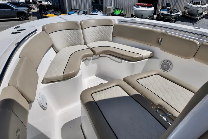 Slide: The Image of Luxurious seating area on a 2017 Sea Fox 288 Commander boat with beige upholstery. - 8