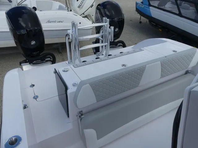 Slide: The Image of Rear view of Twin Vee 240 GFX2 boat, 2027 model, featuring engines. - 12
