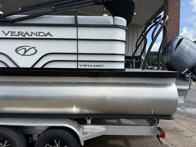 Slide: The Image of 2026 Veranda VV 22RC pontoon boat with Yamaha motor, side view. - 13