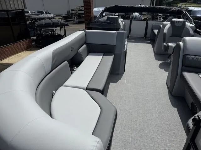 Slide: The Image of Interior of 2026 Veranda VV 22RC pontoon boat with gray upholstery. - 16