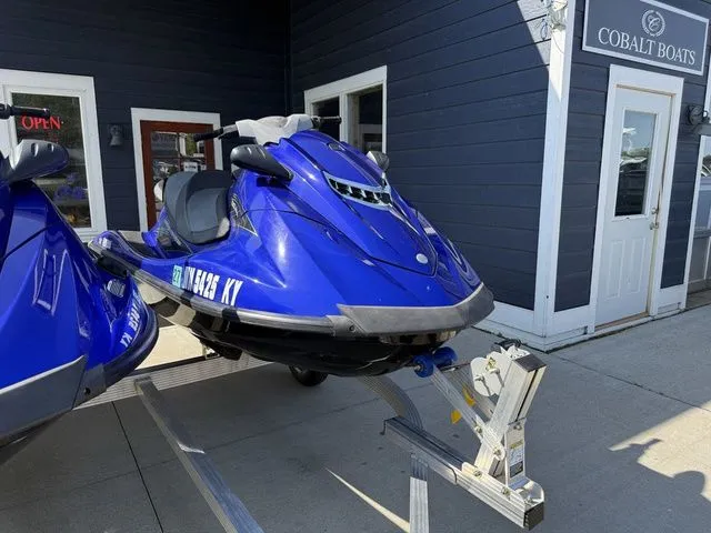Slide: The Image of 2013 Yamaha WaveRunner VX in blue on trailer outside Cobalt Boats. - 10
