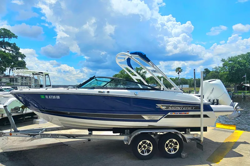 Slide: The Image of 2024 Monterey 215SS Super Sport boat on trailer under a bright blue sky. - 3