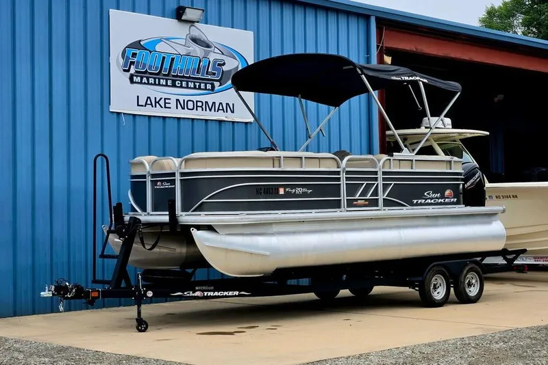 Slide: The Image of 2023 Sun Tracker Party Barge 20 DLX pontoon boat at Foothills Marine Center. - 2