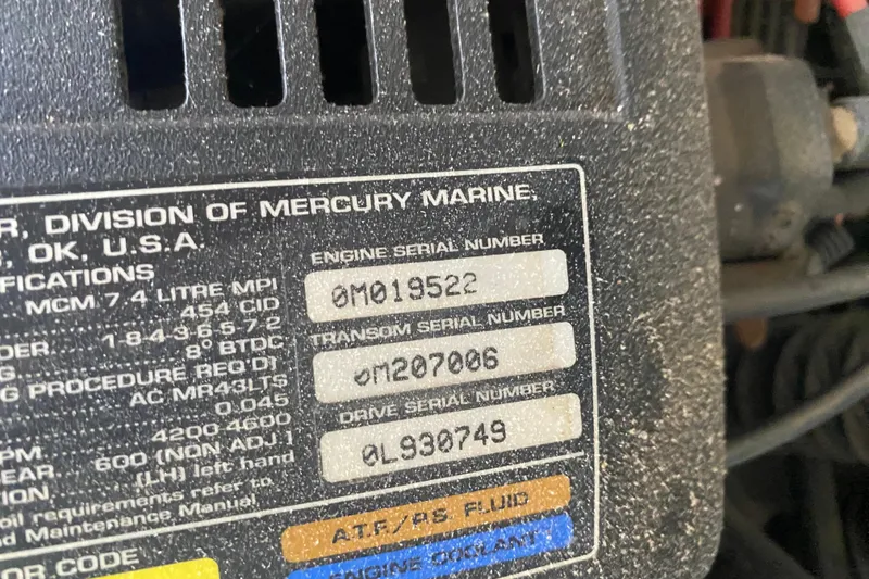 Slide: The Image of Label on a Mercury Marine engine with serial numbers for a 2001 Formula 330 Sun Sport. - 28