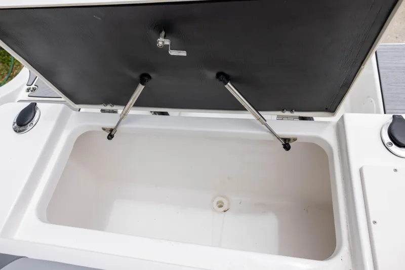 Slide: The Image of Open storage compartment on 2024 NauticStar 292 Legacy boat, featuring hydraulic supports. - 10